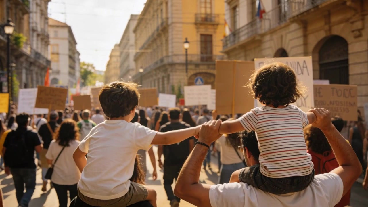 Due bambini sulle spalle di un adulto che si tengono per mano mentre una marcia si muove lungo la strada, con magliette e cartelli.