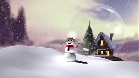 Animation-Von-Schnee,-Der-über-Schneemann-Und-Schneekugel-Mit-Weihnachtsbaum-Und-Haus-Fällt