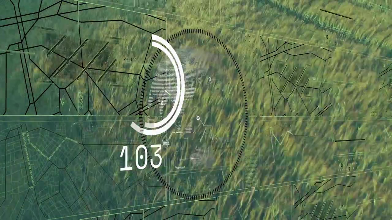 Drone hovering over crop field, HUD appearing, tracking white object, numbers locating subject