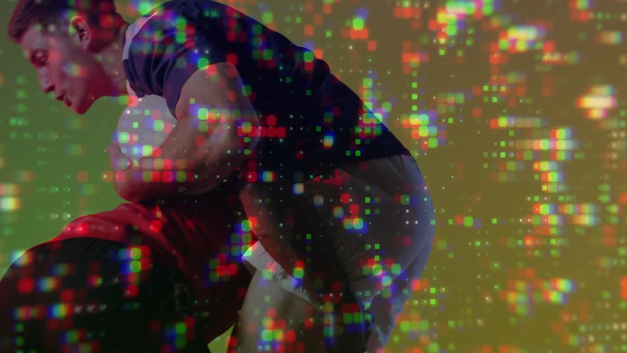 Portatore di palla che protegge la palla ovale da un placcaggio avversario nello sport, con effetto glitch sovrapposto che si intensifica.