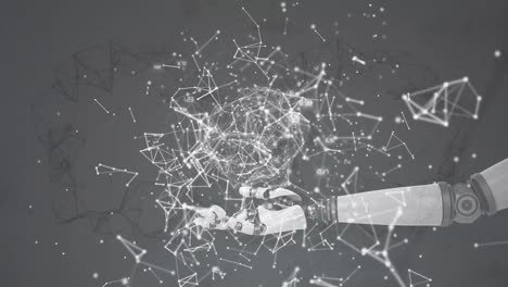 Digital-animation-of-network-of-connections-over-robotic-hand-against-grey-background