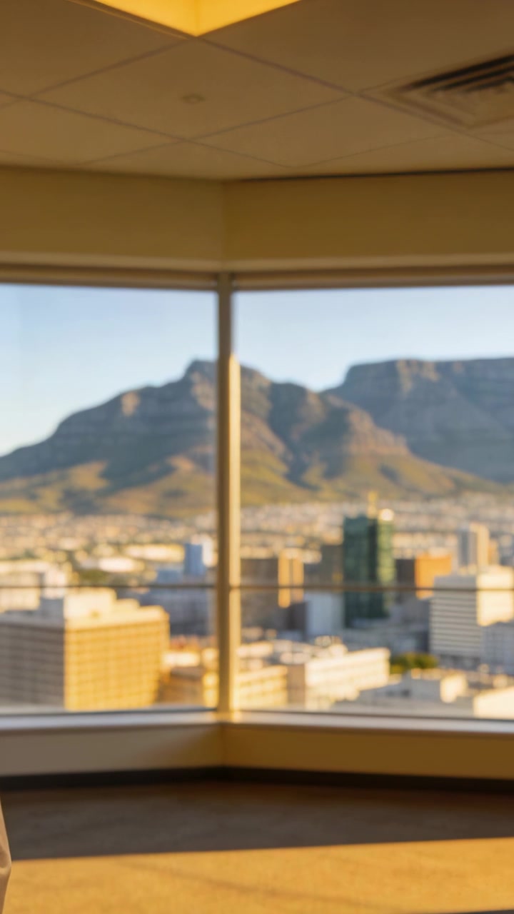 Vertical video: Panning cam after blazer leaving, centering window at office with city and mountain