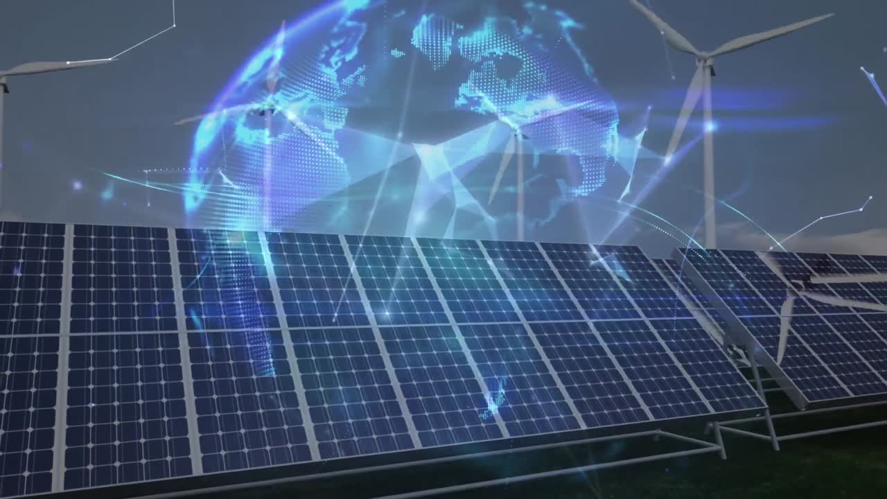 анимация глобуса плексусных сетей над вращающимися ветряными мельницами и солнечными панелями на фоне голубого неба