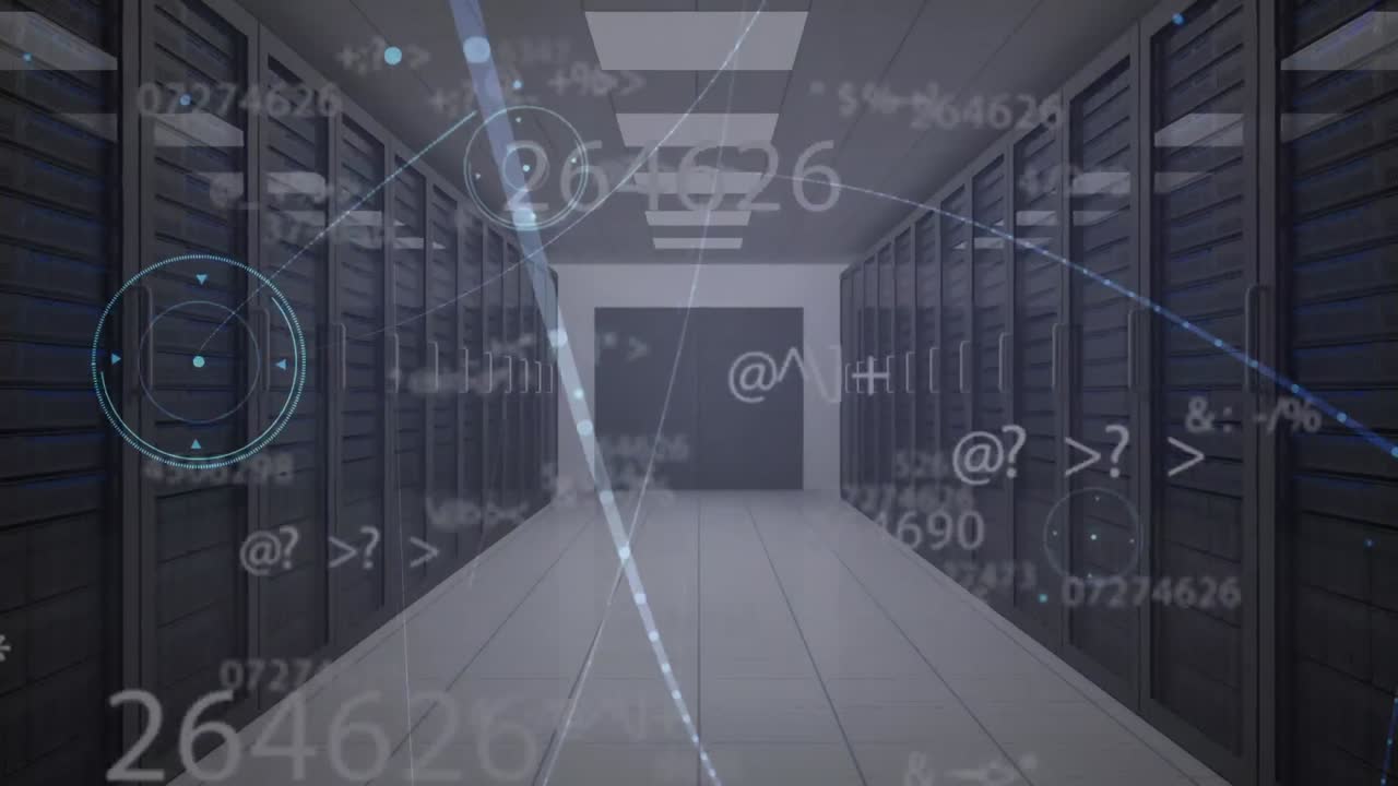 사무실 복도 위에 움직이는 숫자와 수학 공식의 애니메이션