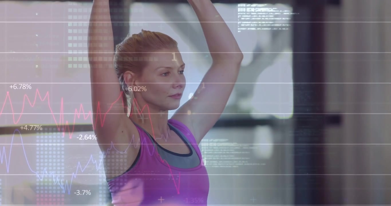 Woman reaching for dumbbells and doing curl-press reps in gym for strength while charts overlaying