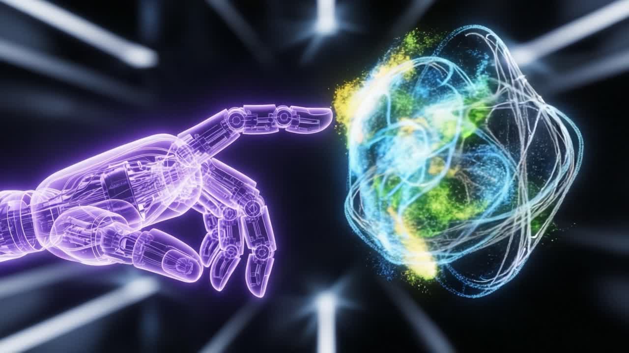 A Futuristic Representation of Human-Machine Interaction: The Robotic Hand Reaches Out to a Vibrant Energy Sphere, Highlighting the Blurring Lines Between Technology and Creation