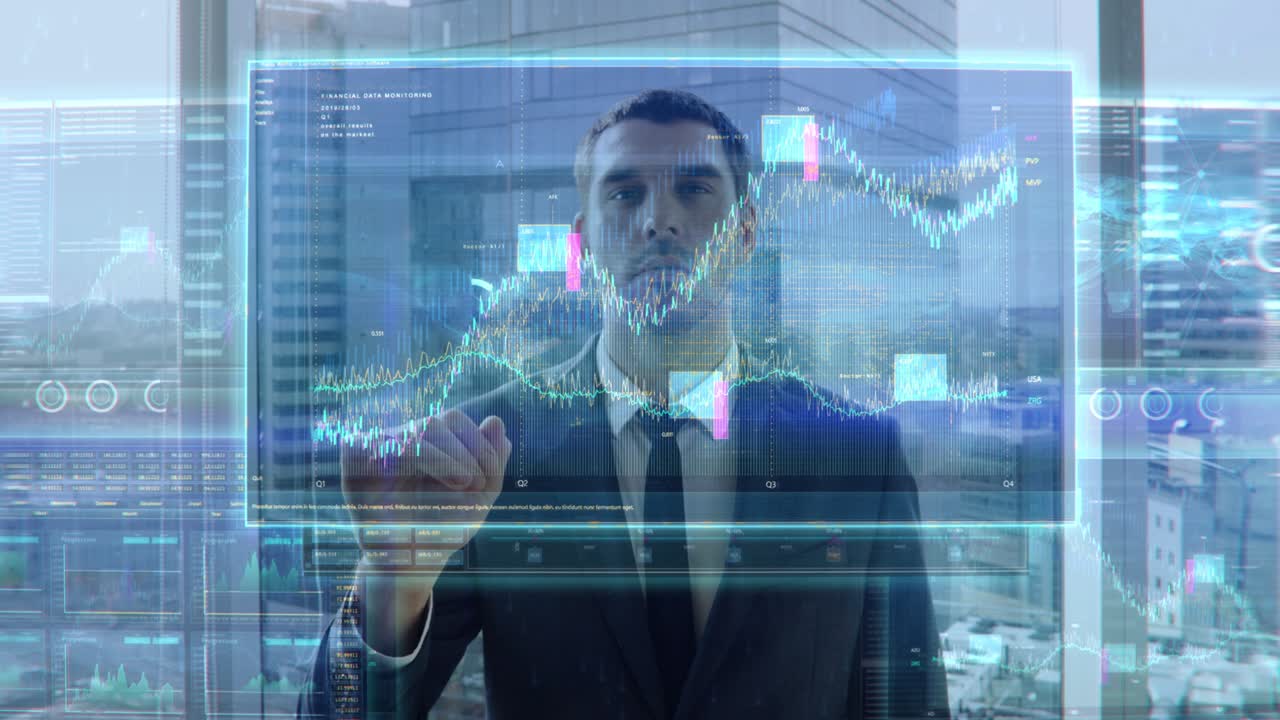 concepto futurista: empresario o corredor de bolsa utiliza con gestos pantalla transparente que muestra varias infografías, estadísticas y datos.