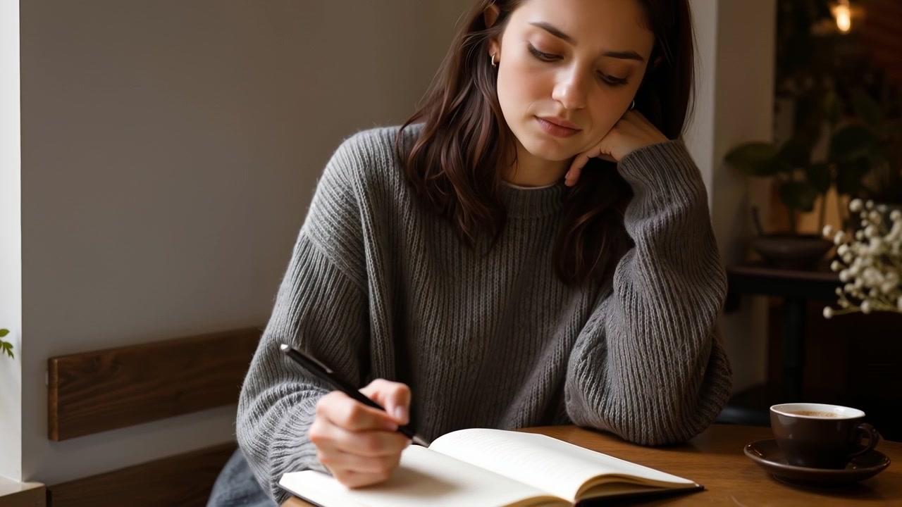 Thoughtful young woman writing in a notebook while sitting at a cafe table