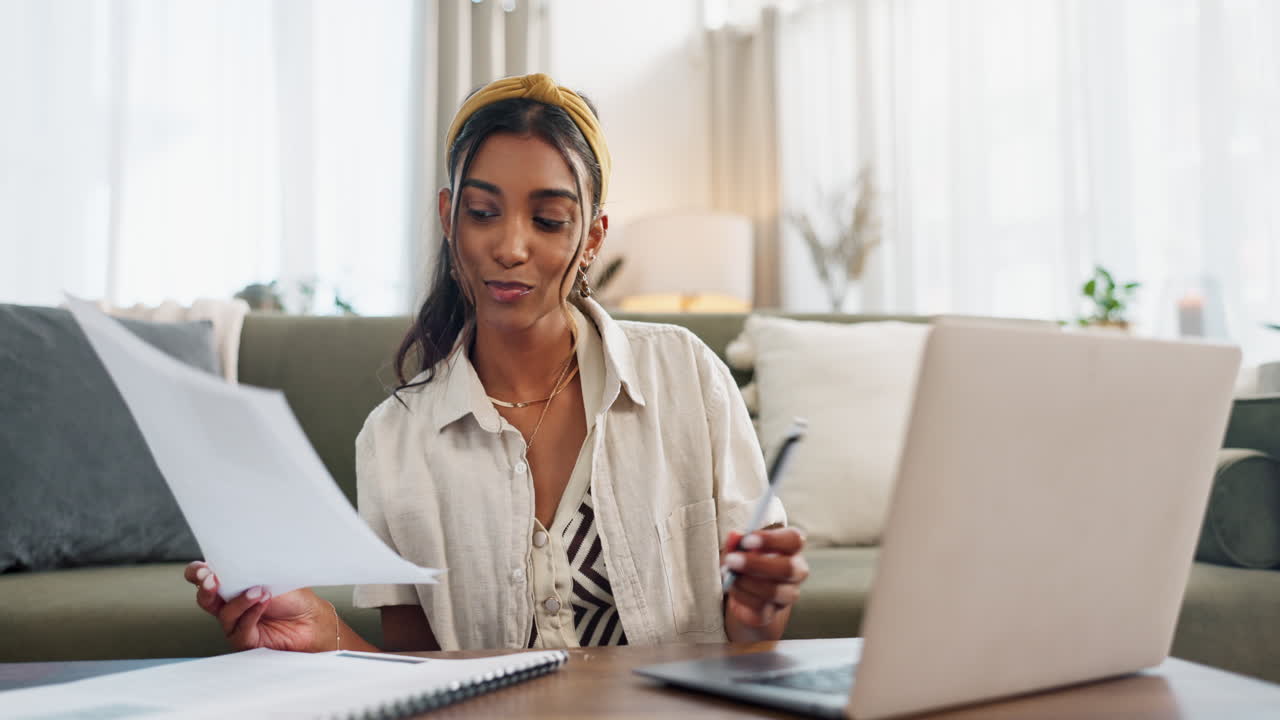 Woman, documents and laptop for home planning