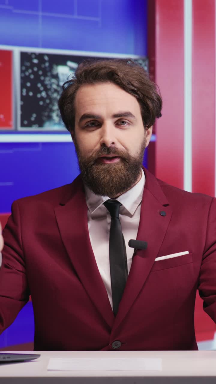 Vertical video News anchor discuss latest events live