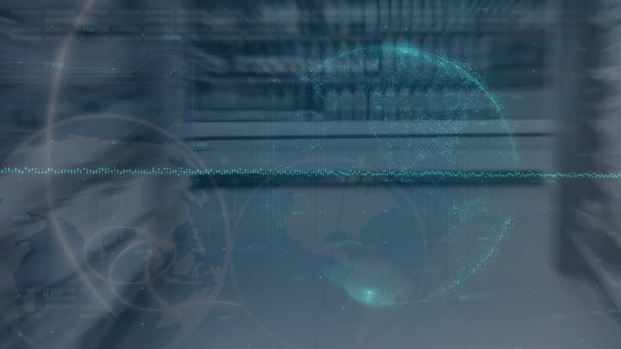 Animation of data processing and globes over server room
