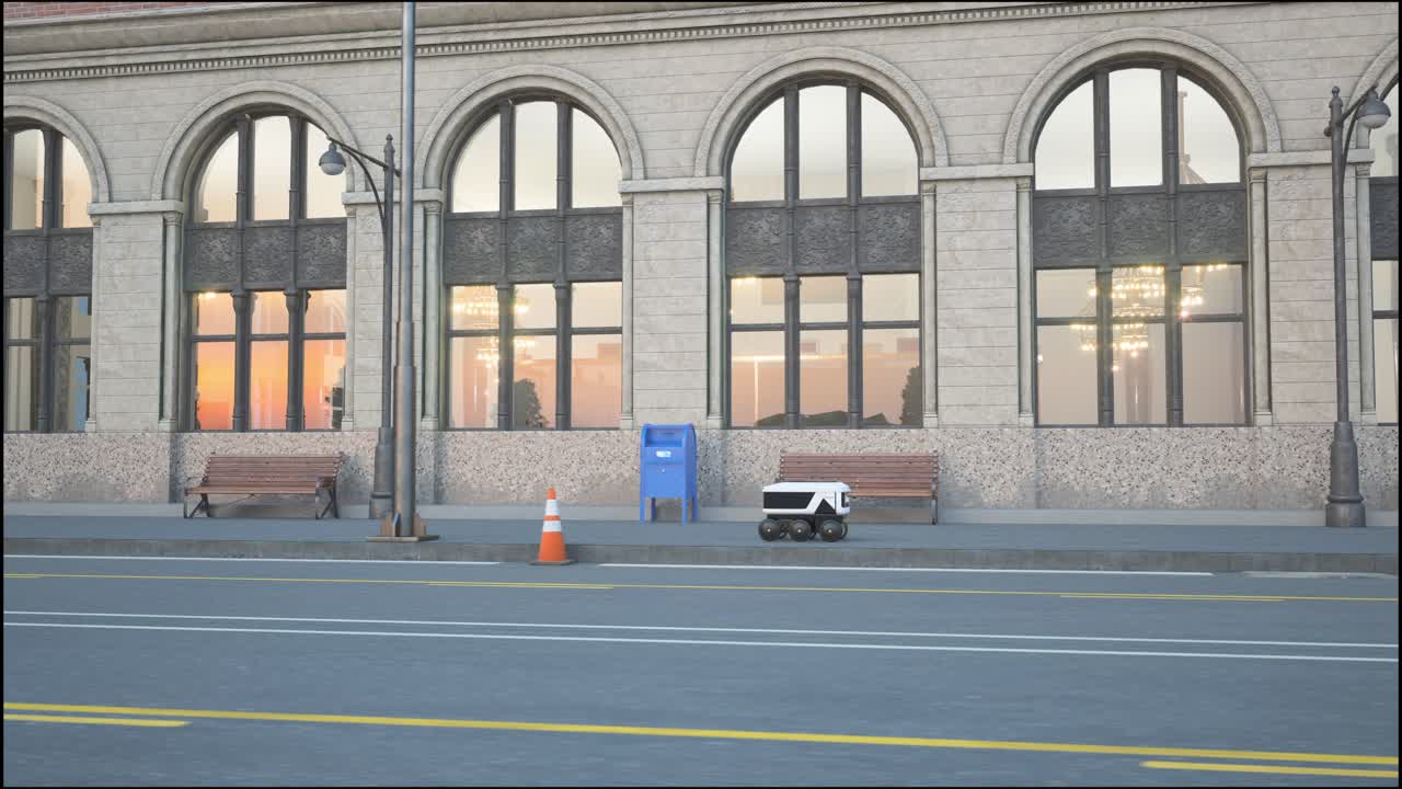 도시 거리에서 운전하는 자동 배달 로 서비스: 현대적인 스마트 무선 로은 고객에게 상품이나 음식을 배달합니다.