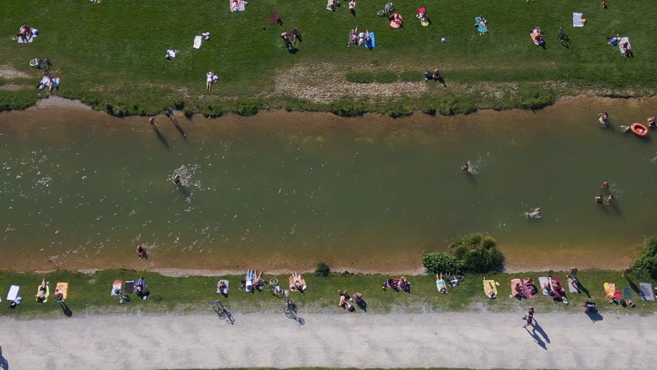 Great aerial top view flight Oberstj&auml;germeisterbach river
English Garden Munich Germany Bavarian, summer sunny blue sky day 23