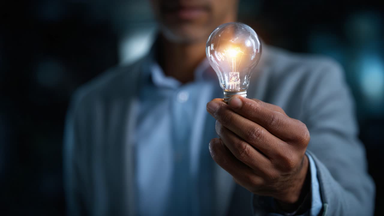 A person holding a glowing light bulb, symbolizing ideas, innovation, and creativity in a dimly lit environment, emphasizing the spark of inspiration and enlightenment