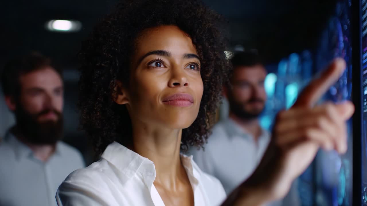 Engaged Woman Analyzing Data Displays with Colleagues Observing in Background: A Modern Workplace Setting Focused on Technology, Collaboration, and Insightful Decision-Making