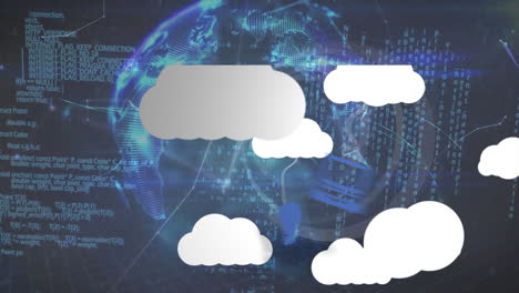 animación de iconos colgando de nubes, globo terráqueo y lenguaje de programación sobre reloj digital