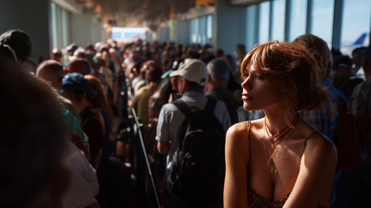 A Captivating Portrait of Contemplation Amidst a Crowded Setting: A Young Woman's Insightful Expression in a Sea of People in a Busy, Sunny Airport Environment