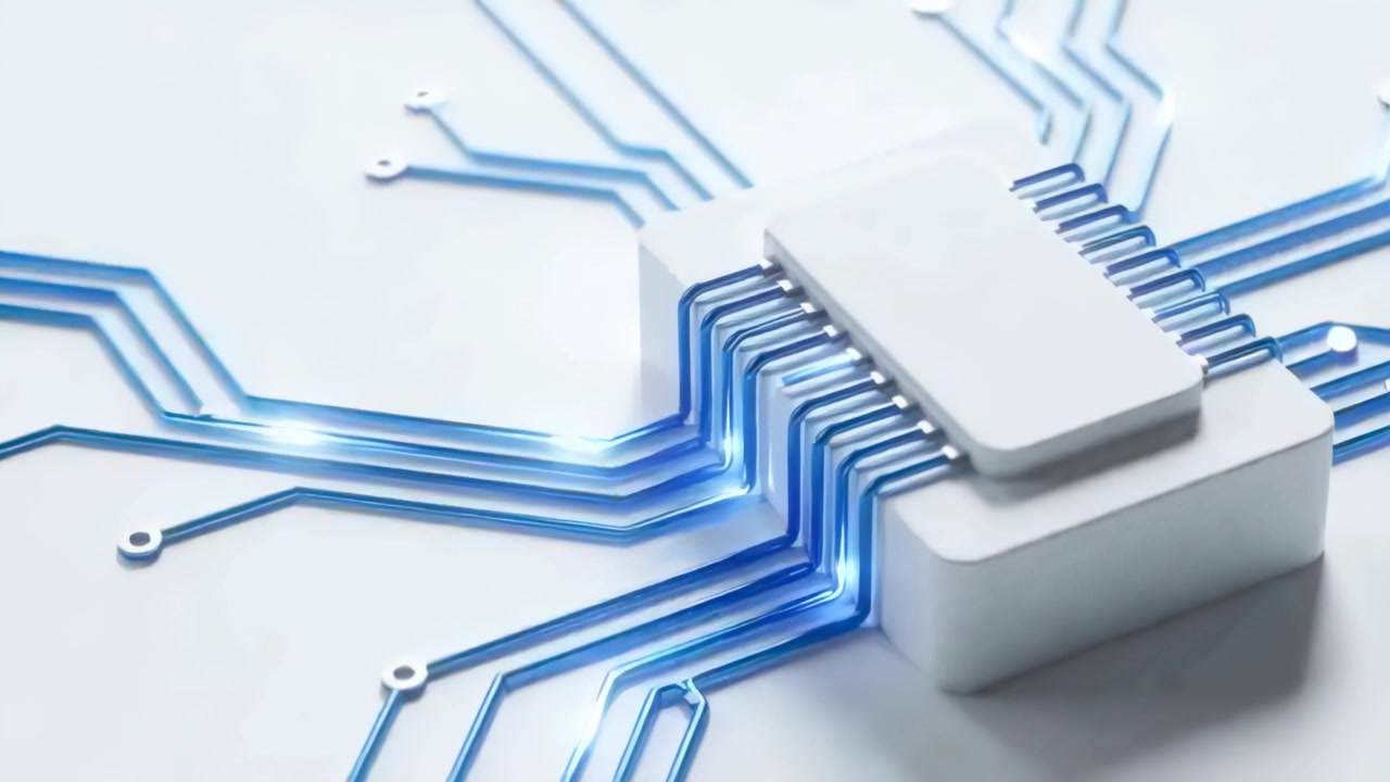Receiving test signal, white microchip pulsing and routing data along white board blue traces
