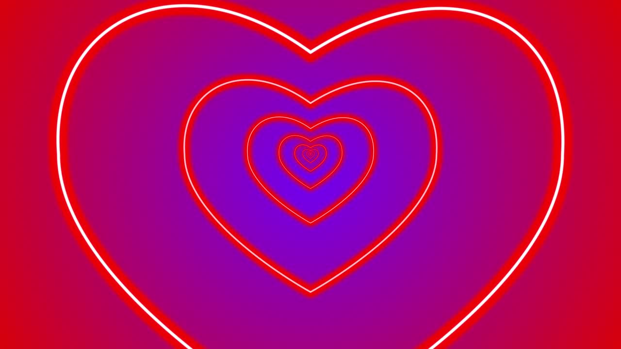 심장 로맨스 사랑 애니메이션 발렌타인 데이 네온 빛 터널 포털 시각 효과 배경 추상적인 색 빨간 보라색