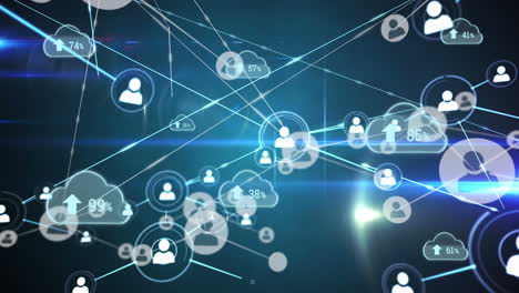 network of profile icons and clouds icons with increasing percentage against blue background