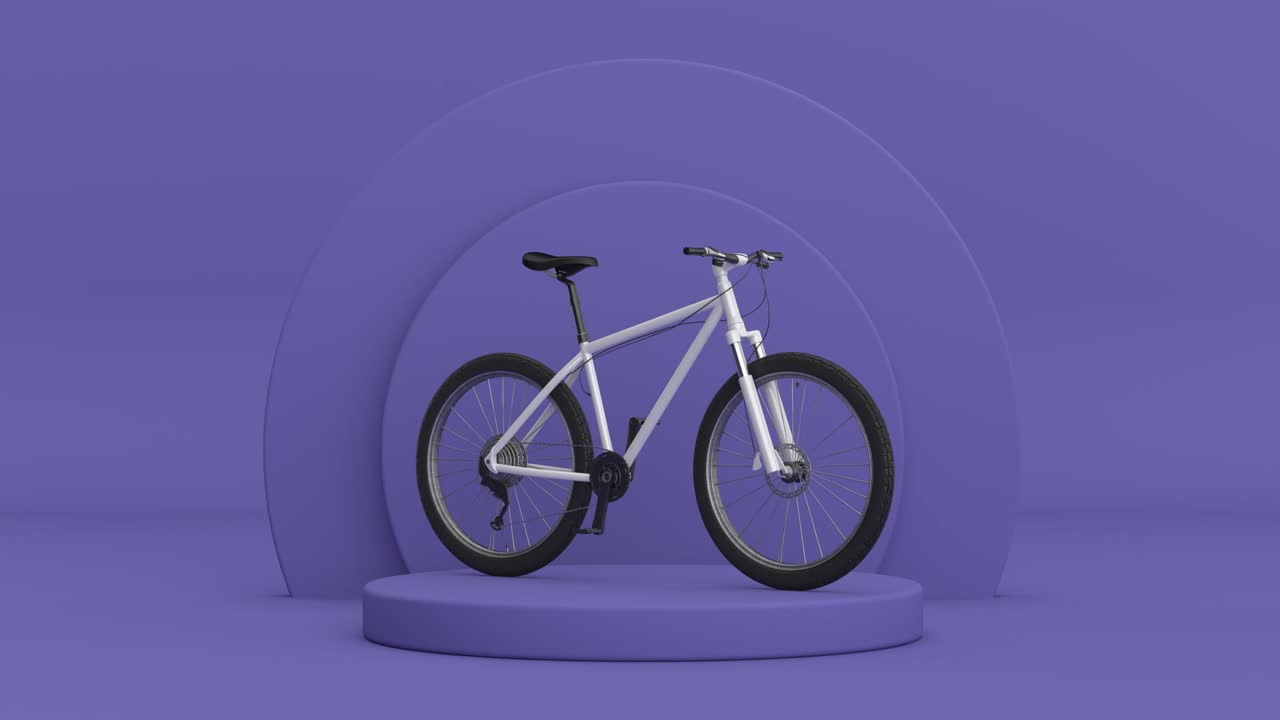 video de resolución 4k: bicicleta de montaña en blanco y negro girando sobre productos de cilindros muy peri violeta pedestal de escenario en un animo de bucle de fondo violeta muy peri