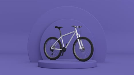 video de resolución 4k: bicicleta de montaña en blanco y negro girando sobre productos de cilindros muy peri violeta pedestal de escenario en un animo de bucle de fondo violeta muy peri