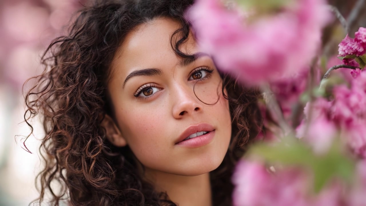 Um Close-up Cativante de uma Jovem Mulher Rodeada por Flores Rosa Vibrantes, Exibindo Sua Beleza Radiante e Traços Expressivos em um Cenário Sereno e Natural