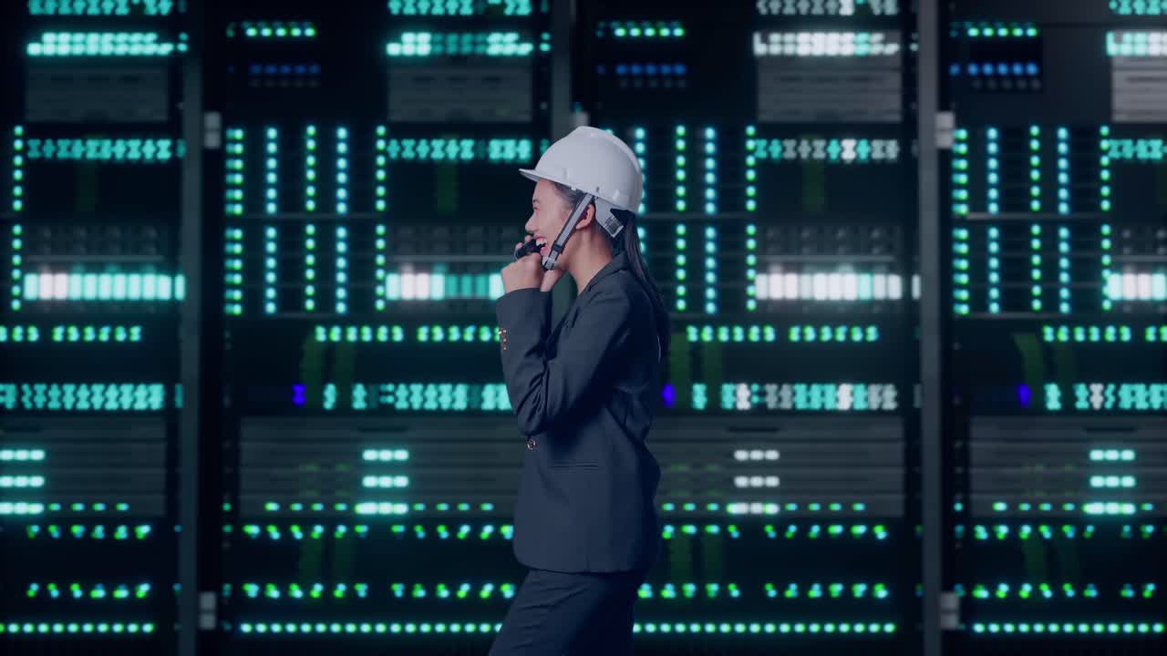 Side View of Asian Businesswoman Talking On Smartphone While Walking and Celebrating in Server Room Data Center