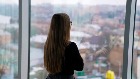 attractive business lady in glasses standing at window. long-haired woman looks through the window on a city landscape. rear view.