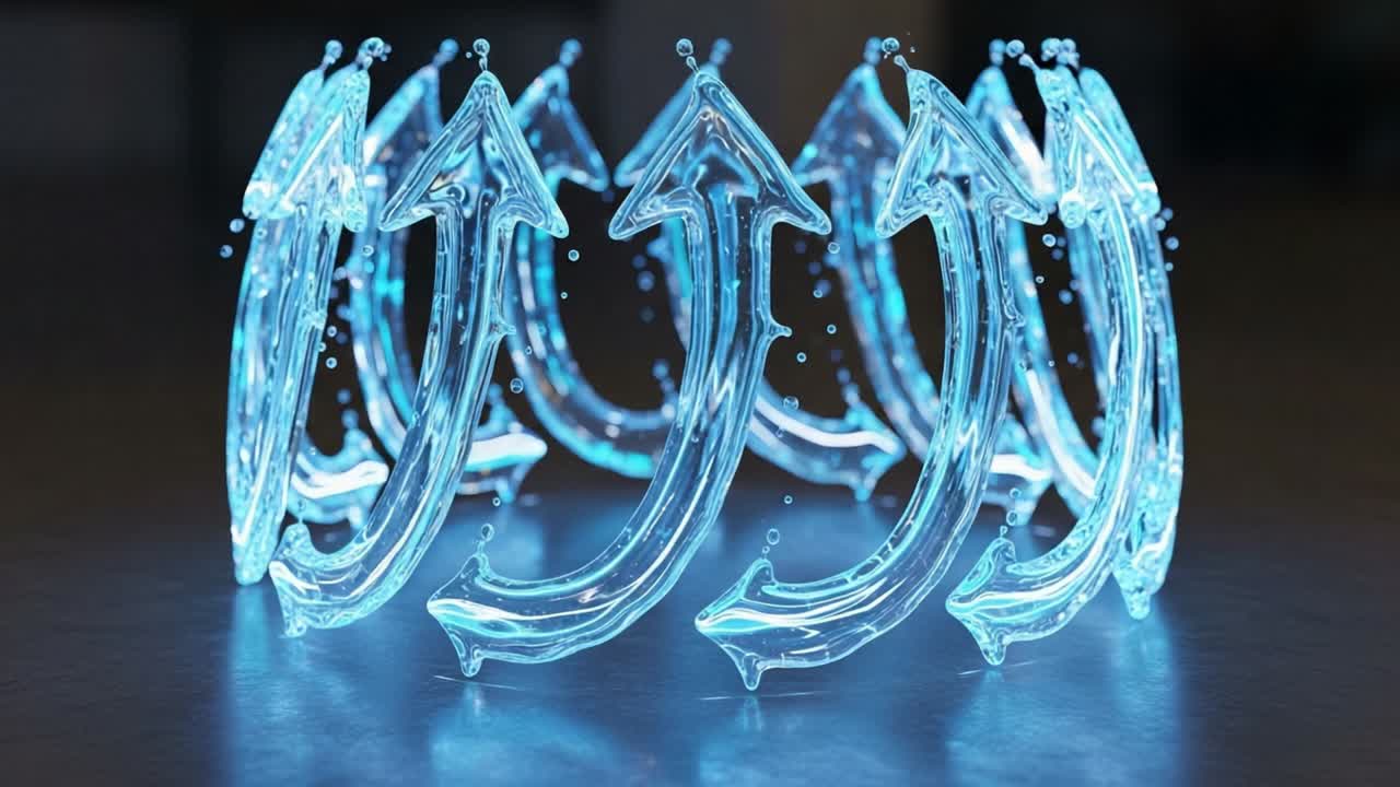 A Captivating Display of Transparent Arrows in a Fluid Structure, Showcasing Dynamic Movement and Fluidity with Water Droplets on a Reflective Surface