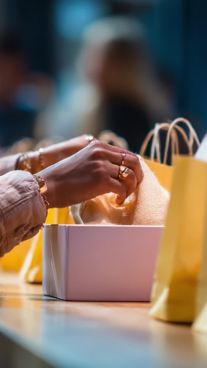 Hands Reaching into a Box Surrounded by Yellow Shopping Bags, Capturing the Moment of Unboxing a Surprise or Gift Experience in a Colorful, Delightful Setting
