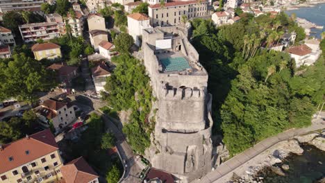 Aerial-view-of-Forte-Mare-fortress,-architectural-landmark-of-Herceg-Novi,-Montenegro