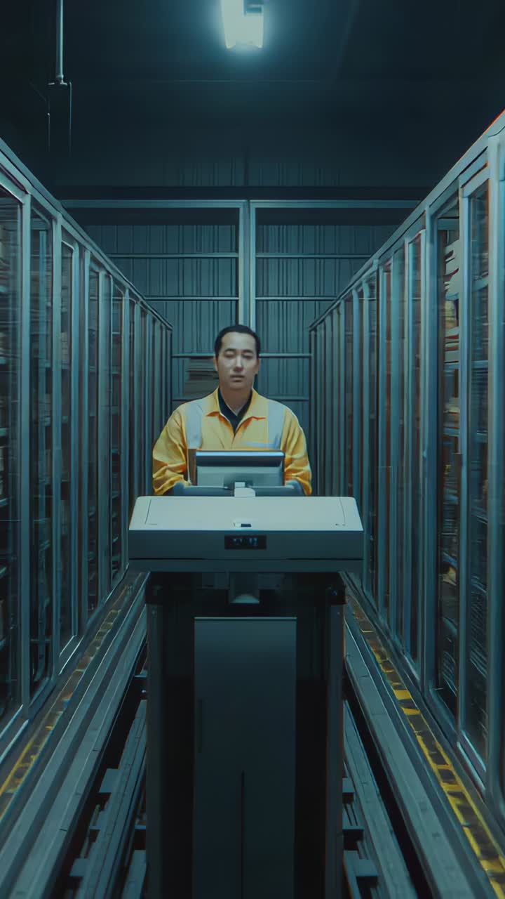 Vertical video: Starting retrieval run man in hivis guiding AGV along rails at aisle checking bins