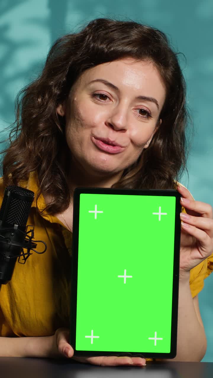 Donna che parla e presenta tablet con schermo verde e microfono