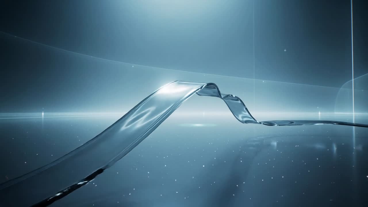 Flowing glassy liquid ribbon rising from left-center impulse, looping and settling on studio floor