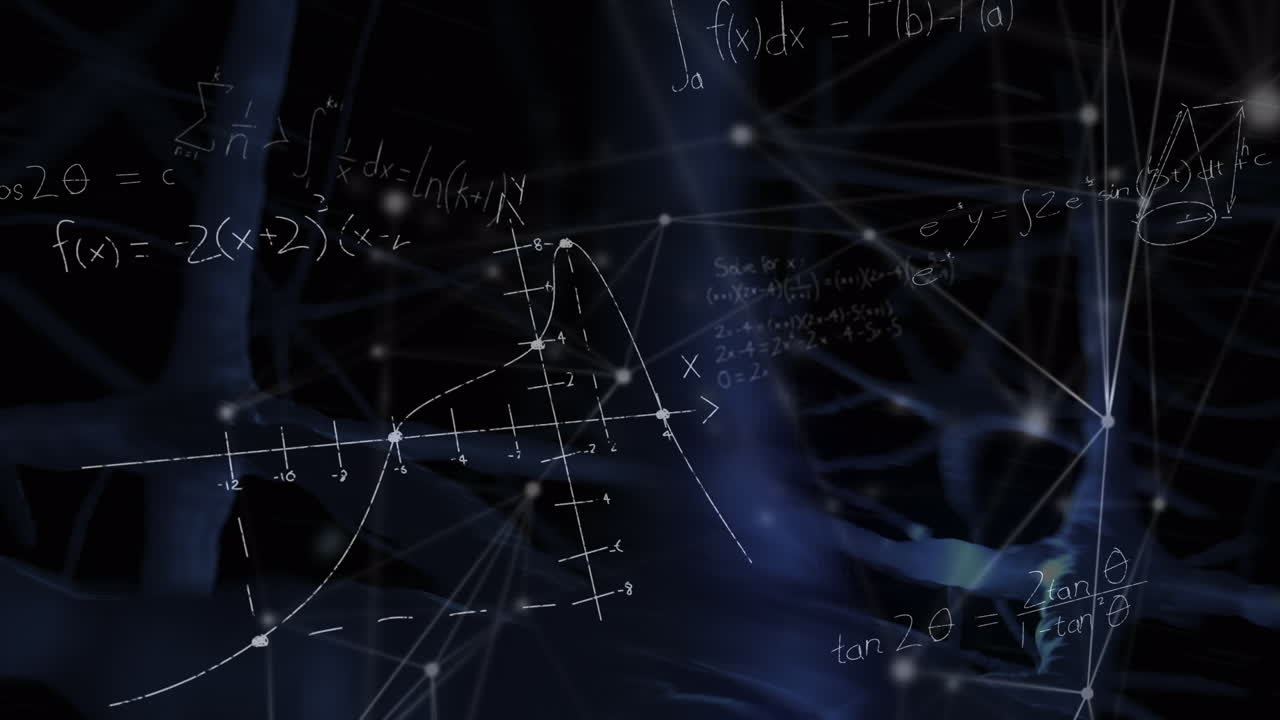 검은 바탕에 뉴런에 대한 수학적 방정식의 애니메이션