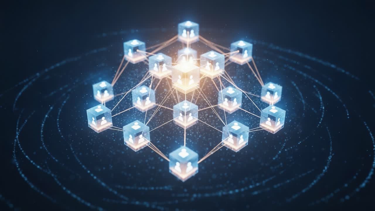 An Impressive Visualization of a Modern Decentralized Network, Highlighting Interconnected Data Nodes and Their Communication Paths in a Futuristic Digital Landscape