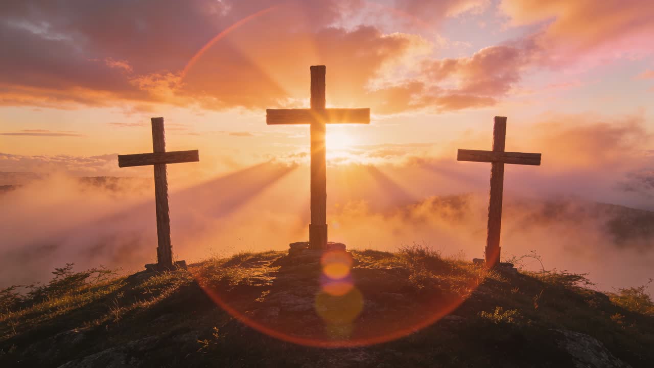 Video verticale: Sole che sorge, creando un bagliore dell'obiettivo sopra la nebbia e creando la silhouette di 3 croci per la religione