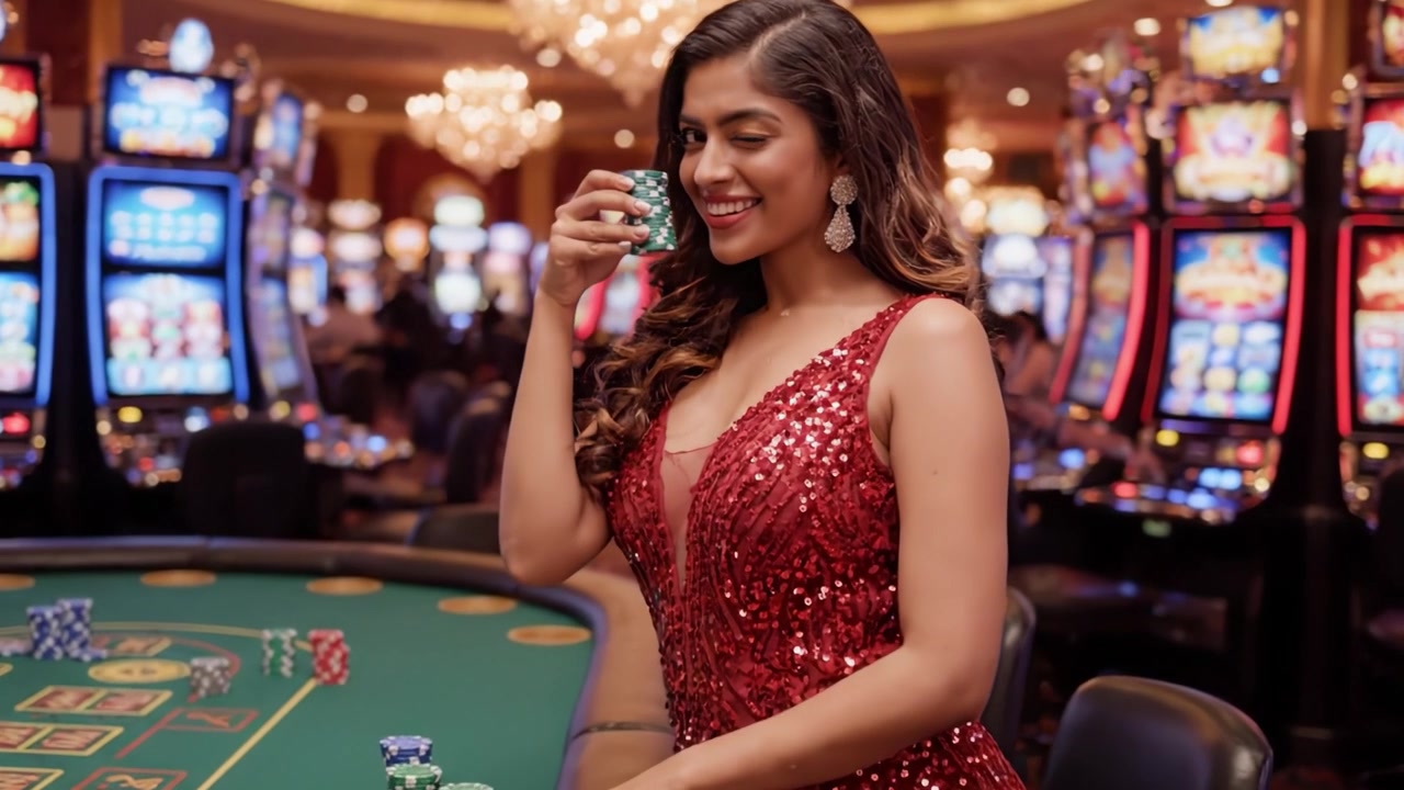 Noche de casino glamurosa: una mujer encantadora con vestido rojo irradia confianza mientras juega en una mesa de casino rodeada de coloridas máquinas tragamonedas.