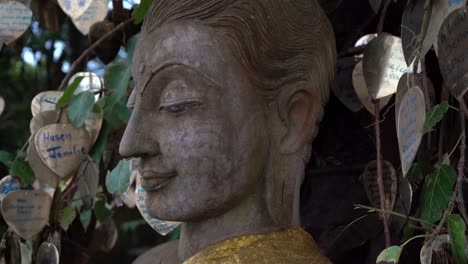 slow camera moving around buddha face in the big buddha temple inside nature