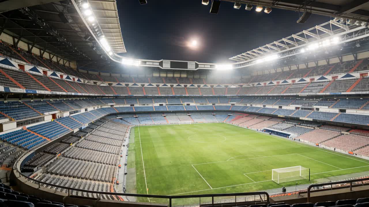 Mostrando uno stadio di calcio vuoto che passa dal sole caldo ai riflettori mentre il giorno volge al termine, con le porte.