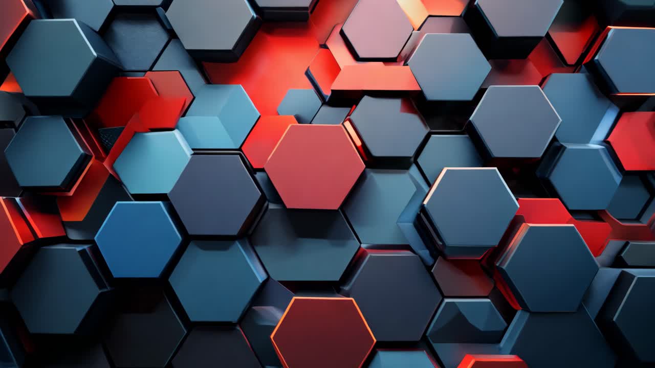 A colorful abstract pattern of hexagons in blue and red. The pattern is made up of many small squares, and the colors are vibrant and bold. Scene is energetic and dynamic, with the colors