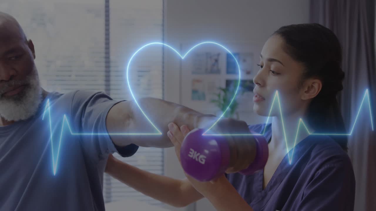 환자와 함께 두 인종의 여성 의사 위에 심장 박동 모니터의 애니메이션