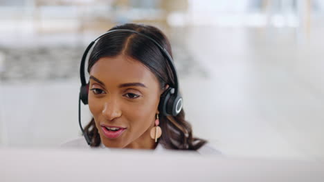 Call-center,-talking-and-happy-woman