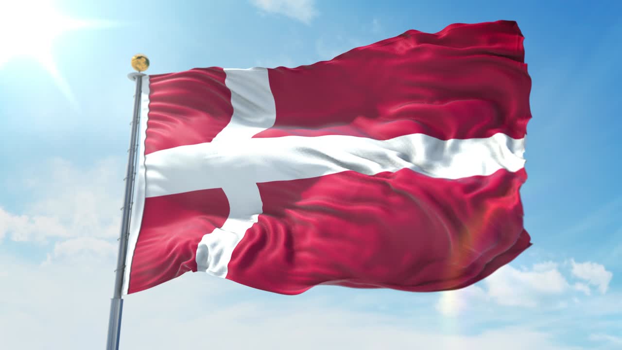 Danmarks flag vajende i vinden mod dybblå himmel. Nationalt tema, internationalt koncept. 3D-gengivelse sømløs loop 4K.