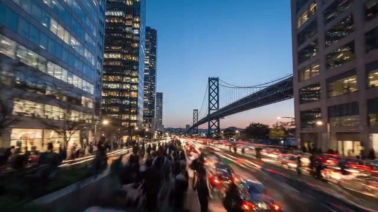A Journey Through Time: Urban Life Transitioning from Day to Night in a Bustling Cityscape with Busy Streets and Vibrant Architecture Surrounding a Majestic Bridge