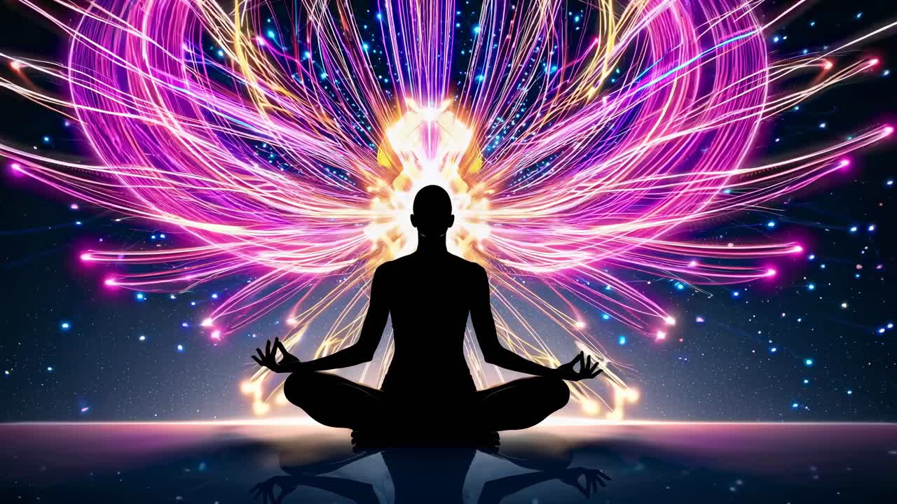 Silhouette che medita con vivaci modelli energetici che si irradiano da dietro