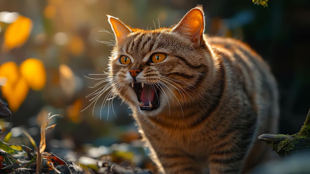 Fierce cat prowls in autumn sunlight. A wild cat with striking eyes growls while stalking through colorful autumn leaves in golden sunlight