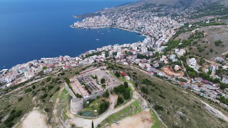 Saranda Albania city view from Lekuresi castle made by Ottoman empire, aerial