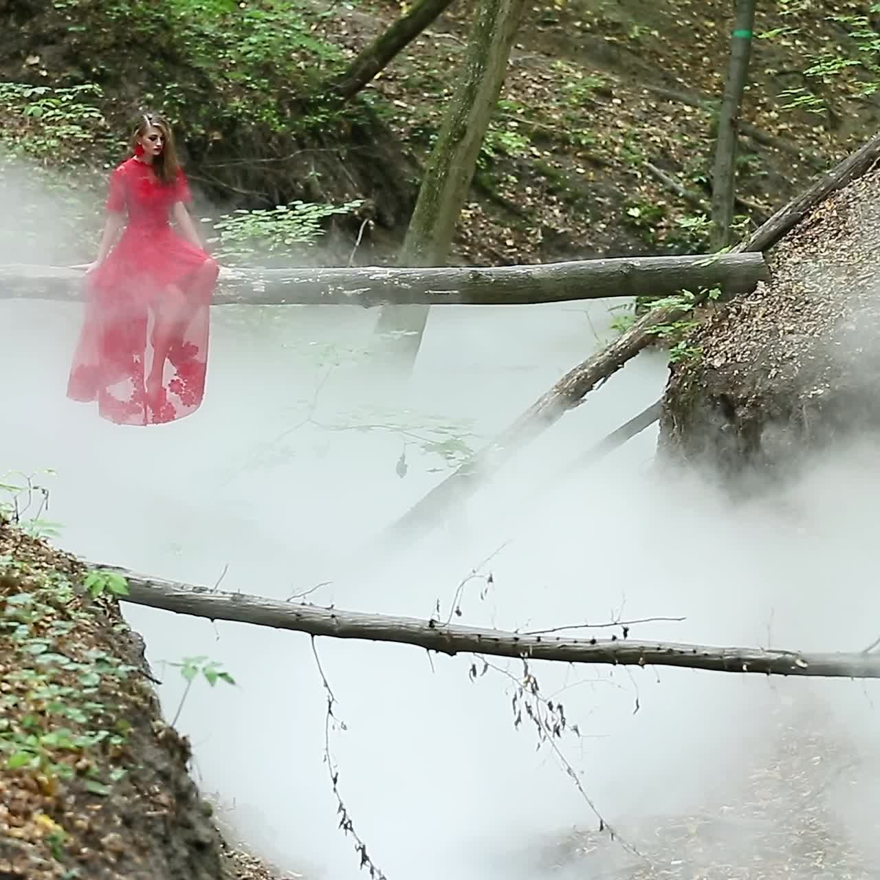 Woman In Forest In Cloud Of Smoke